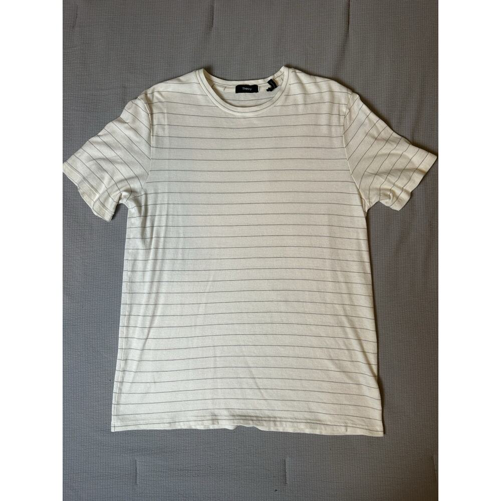 Theory Men’s Large Short Sleeve Knit T-Shirt White/Cream Gray Stripe Crewneck
